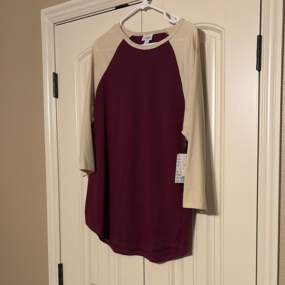 LuLaRoe Burgundy and Cream Raglan Top